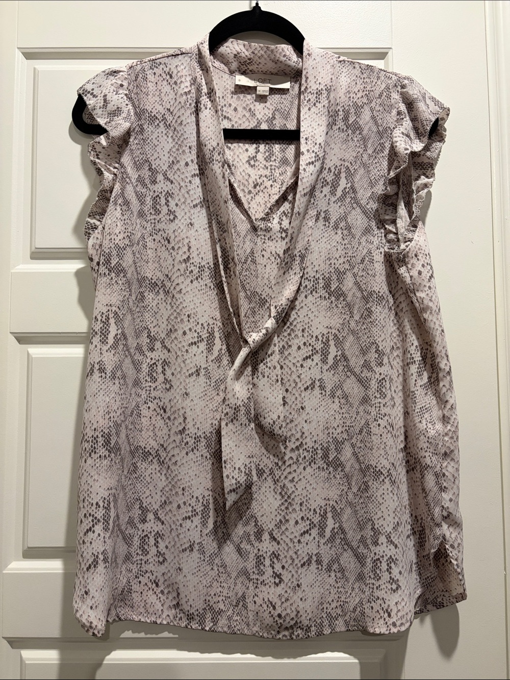 LOFT Light Taupe Snake-Print Ruffle Sleeve Blouse